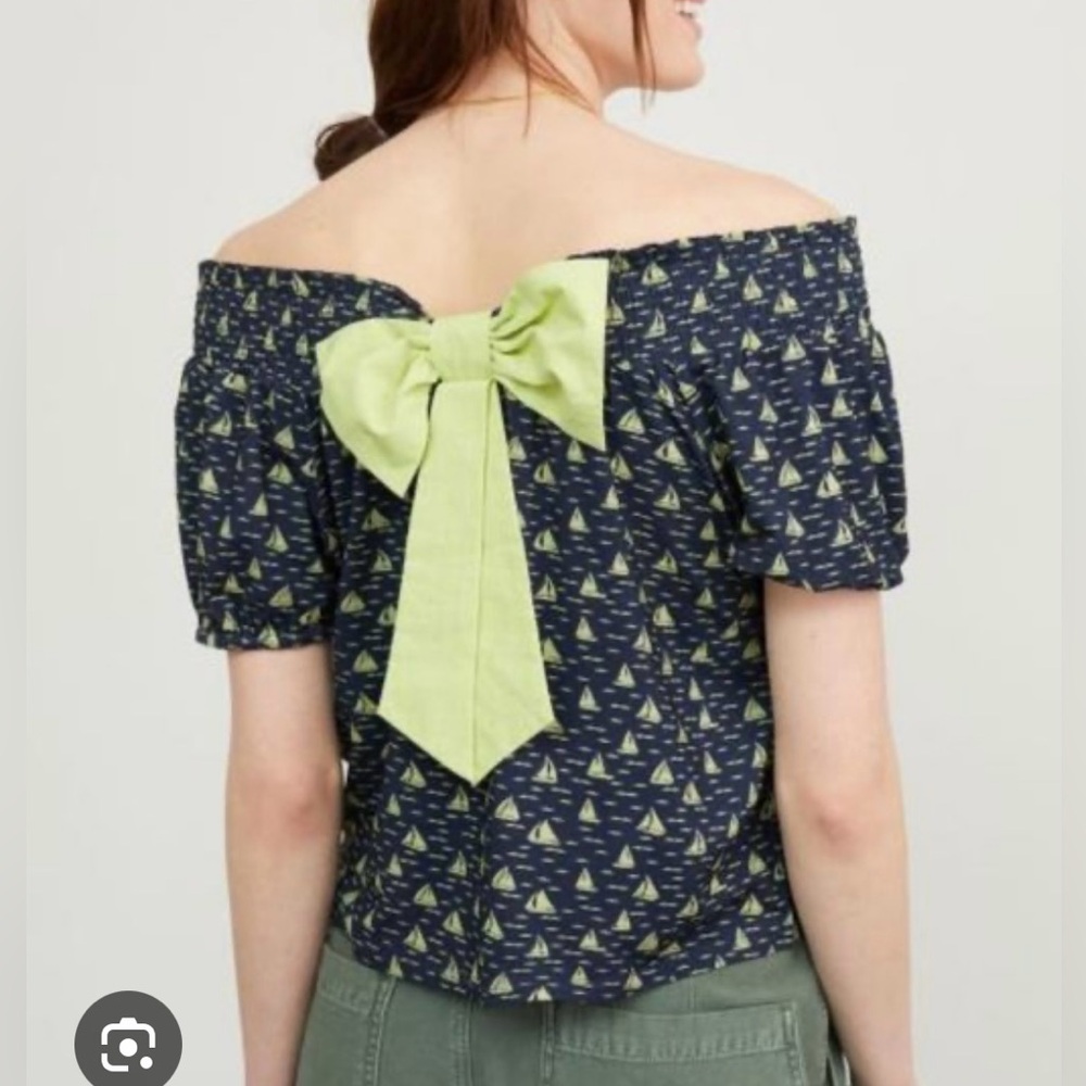 Anthropologie Porridge navy sailboat shirt with yellow bow. Size Medium
